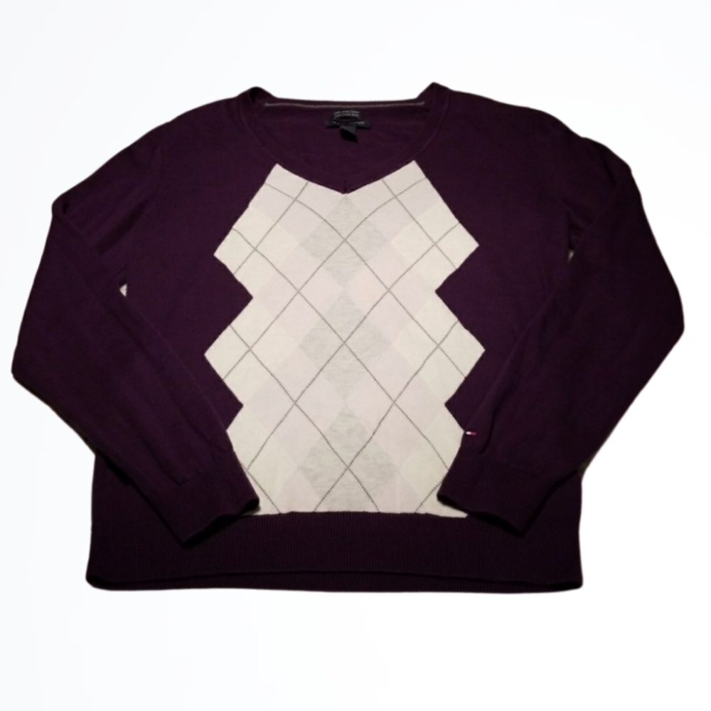 Tommy Hilfiger Purple White Argyle Crew Neck 100% Pima Cotton Sweater Size M